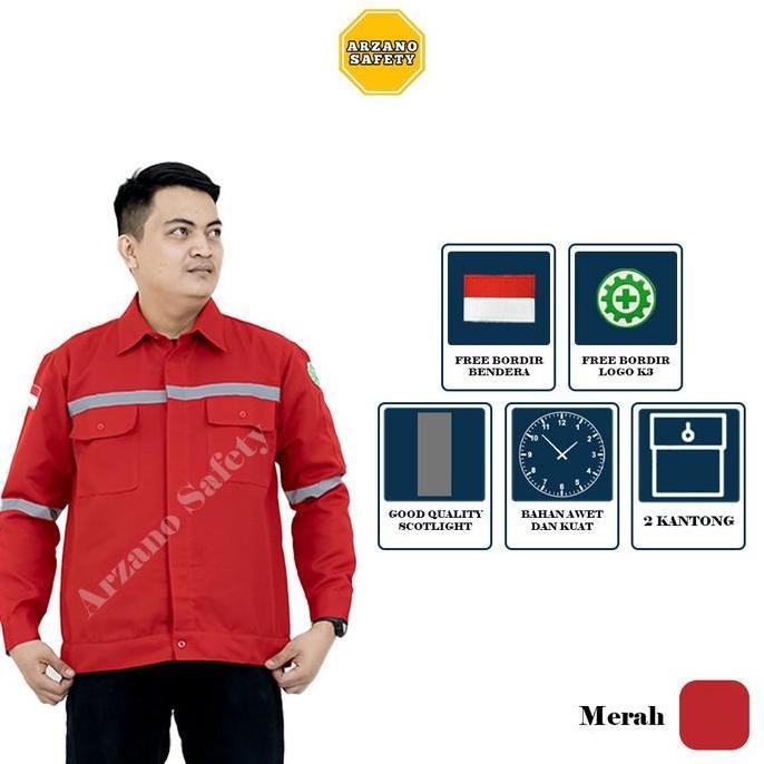 Wearpack Safety Atasan Kemeja Safety Baju Safety Pria Lengan Panjang Merah Kerja Biru