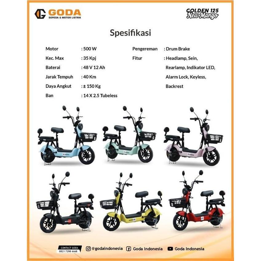 Terlaris Sepeda Listrik Goda 125 Golden New Mango 48V 12Ah Electric Bike