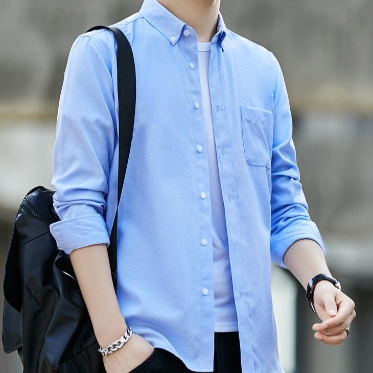 DISKON Baju Kemeja Pria Lengan Panjang Polos Sky Blue Hem Biru Langit Bahan Katun Premium