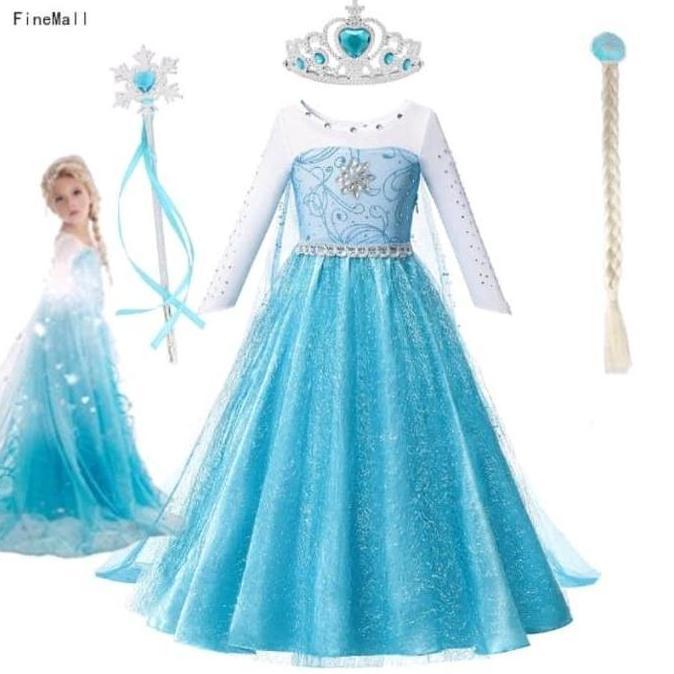 PAKET lengkap 1 set Dres Frozen elsa - gaun anak frozen + aksesoris - baju pesta frozen - baju elsa