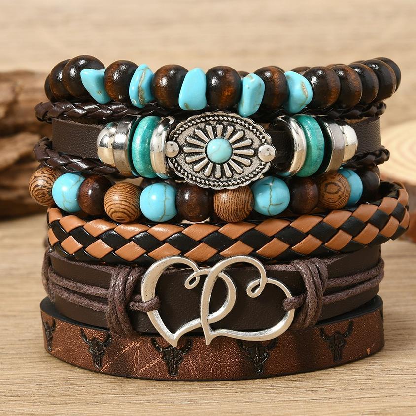 Gelang Etnik Set 6 In 1 / Gelang Kulit Punk Set 6In1 / Gelang Lilit Pria Isi 6 Motif Hip Hop Punk Ro