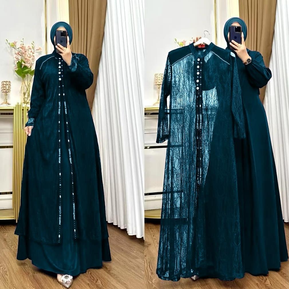 Free Ongkir Gamis Jumbo Wanita Terbaru Violla Set Dress Bl Bahan Ceruty Baby Doll Mix Brukat Aplikas