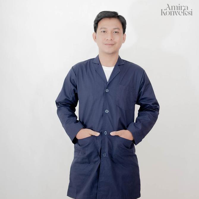 Jas Lab / Jas Laboratorium Lengan Panjang Model Kancing & Kerah Model Jas Biru Dongker Premium Dan F