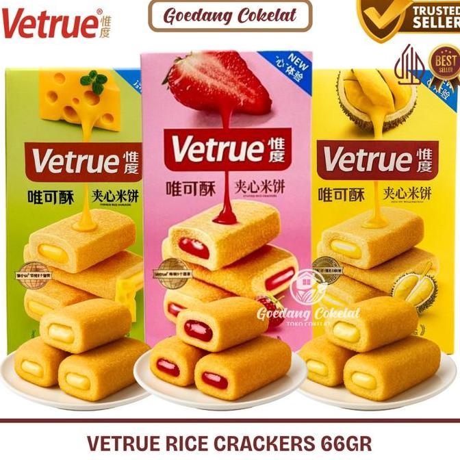 Vetrue Rice Crackers Taiwan 66g - Biskuit Beras Import Isi Krim Durian Musang King Keju Strawberry