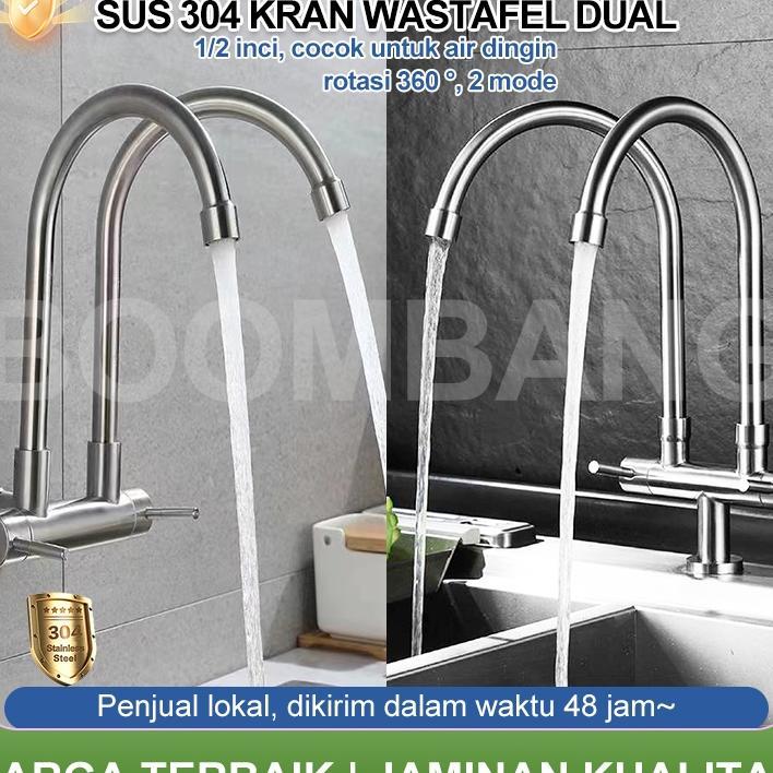 Kran Sink Double Rotasi 360/Kran Wastafel Double Cabang/Kran Cuci Piring 1/2Inci/Kran Air Stainless