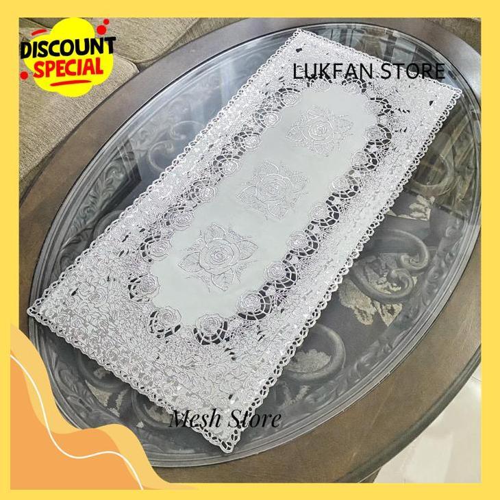 TAPLAK MEJA TAMU PERSEGI PANJANG 40X85CM - KAIN ALAS MEJA PVC ANTI AIR SILVER BY LUKFAN STORE
