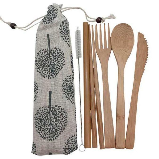 [COD] Set Perlengkapan Alat Makan Sendok Garpu Sumpit Sedotan Bamboo bambu Kayu Jepang Korea Unik Tr