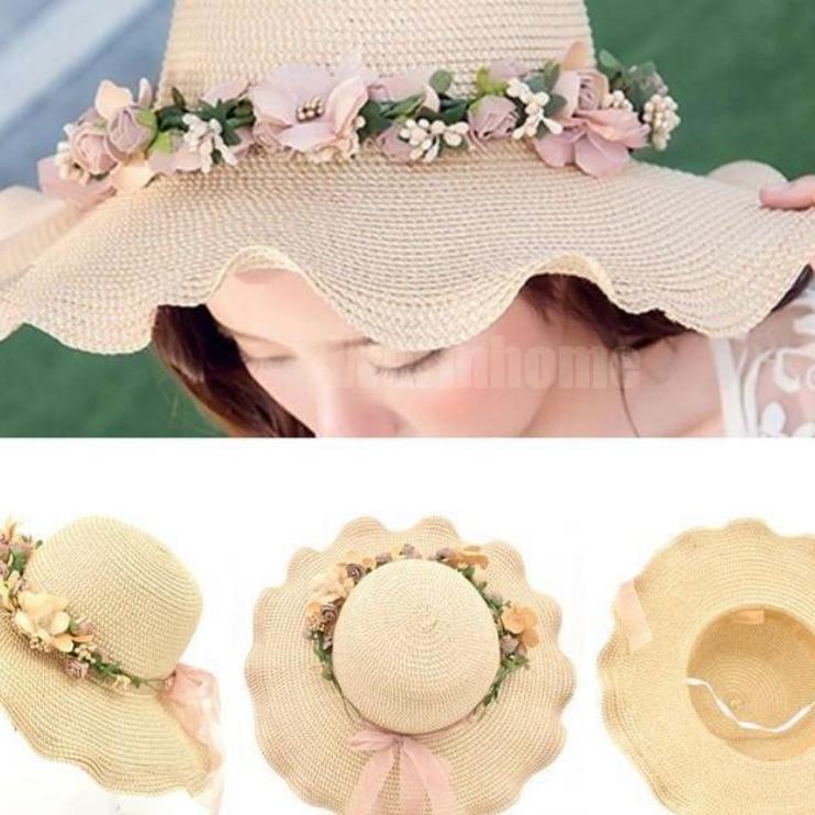 Cod Topi Rajut Topi Pantai Wanita Motif Bunga Topi Rajut Lidi Gelombang Bunga