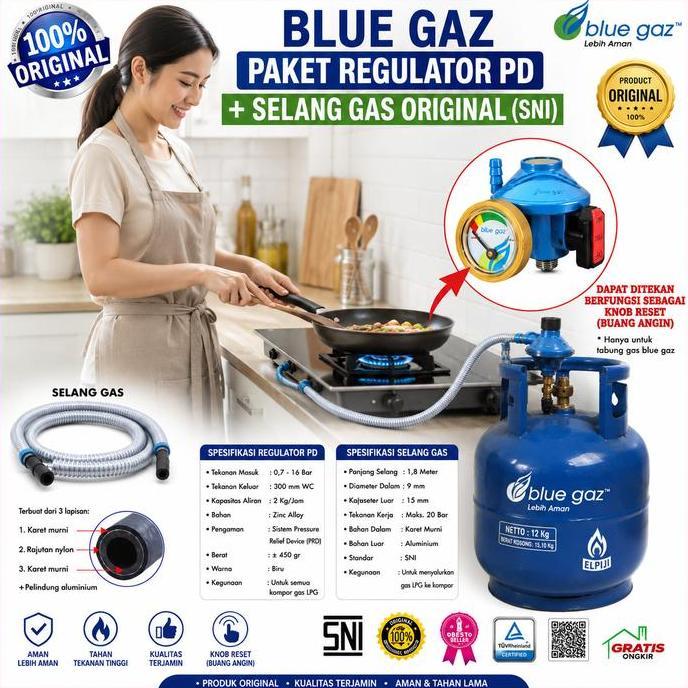 PAKET HEMAT Regulator PD+Selang BLUE GAZ (SNI) I Regulator Ada Meteran dan Selang Gas 1.8 Meter I Re