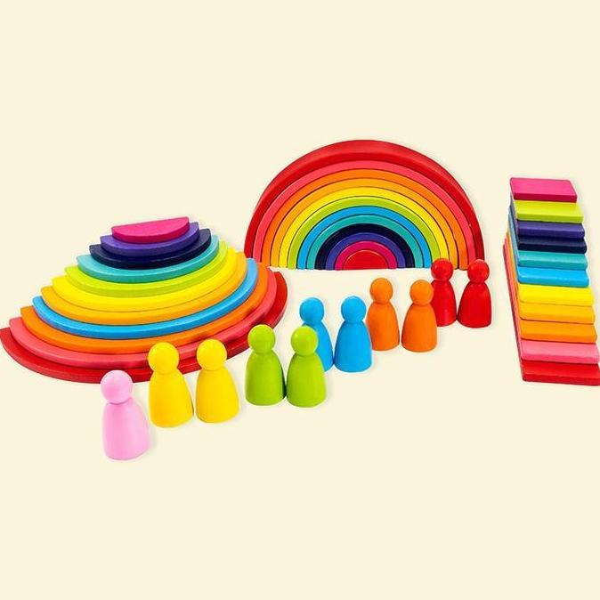IDSTORE 52pcs/Set Wooden Rainbow Stacking Block Rainbow Block Rainbow Stacker Mainan Edukasi Mainan 