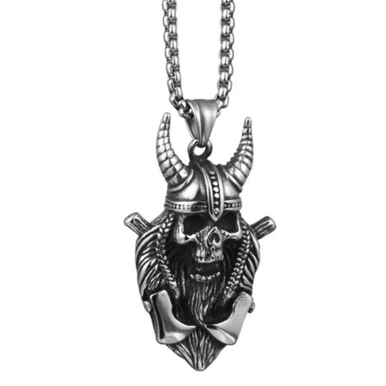 hot kalung rantai titanium pria liontin baja titanium tengkorak tanduk gaya punk silver anti karat