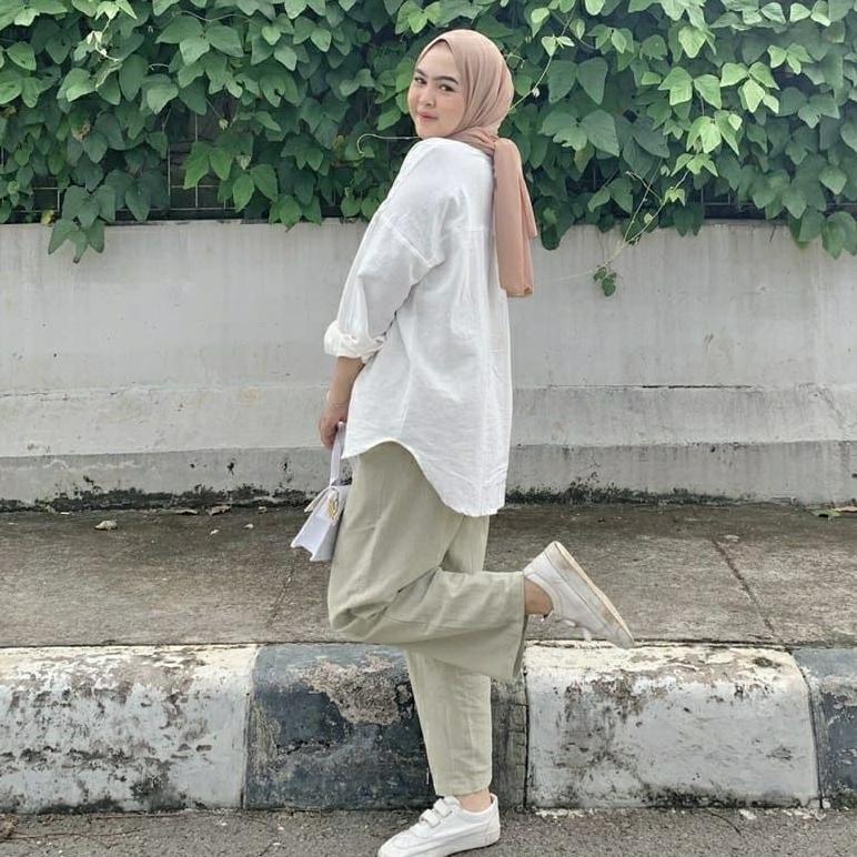 Marka Denim Kemeja Wanita Linen Katun Lengan Panjang oversize Premium Long Shirt Olivia