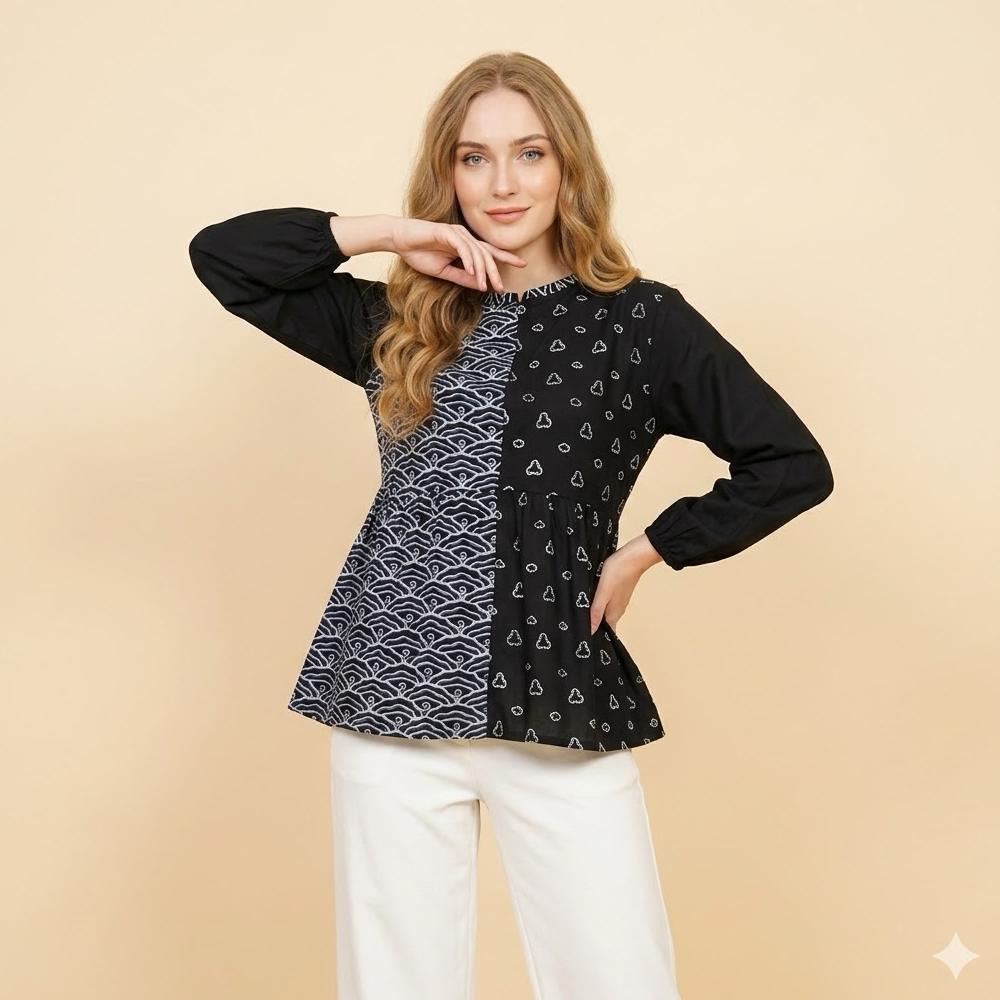 Shanaya Batik Blus Kombinasi Lengan Balon blouse kerja kuliah seragam kantor cantik