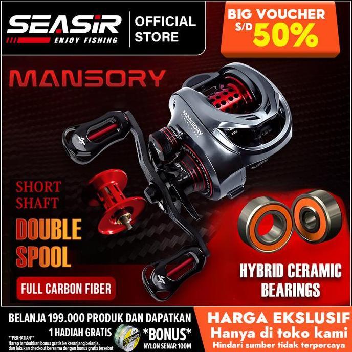 SEASIR MANSORY Reel Pancing Baitcasting, Kiri/Kanan 2 Kumparan + Gagang Pegangan Rangka Serat Karbon