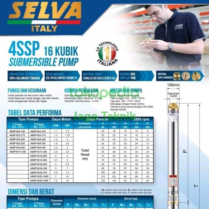 Kualitas terbaik] Pompa Celup Submersible Selva Italy Selva 4ssp16/6-200