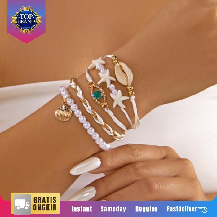 Gelang Anyaman Lima Set Bintang Laut Kerang Dan Mata Bohemia