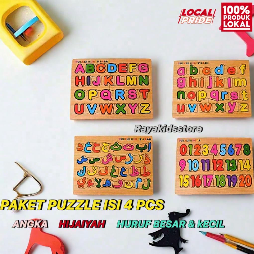 Paket 4 Puzzle Kayu Edukasi Bongkar Pasang Isi 4 Angka Huruf Besar Kecil Dan Hijaiyah