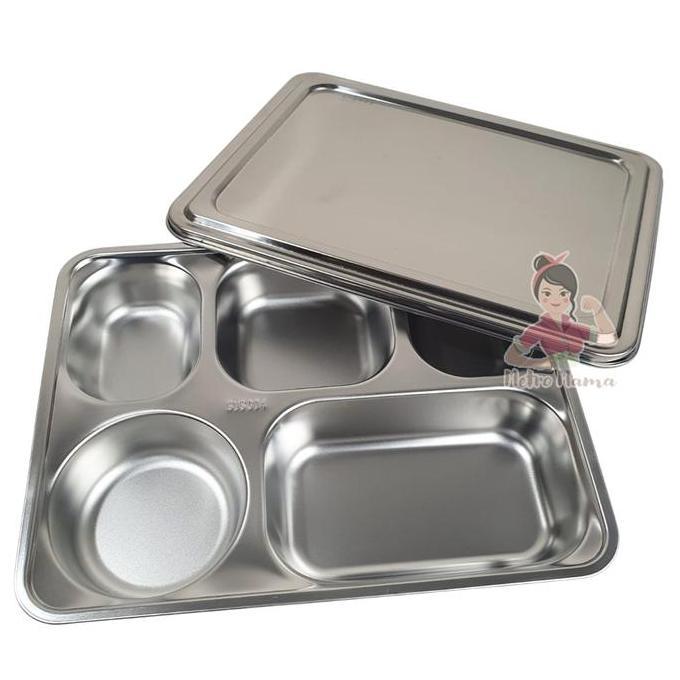 - Tray Wadah Tempat Makan Stainless 4 & 5 Sekat 6Cm 304 Ompreng Tebal Tutup Plastik Stainless Cateri