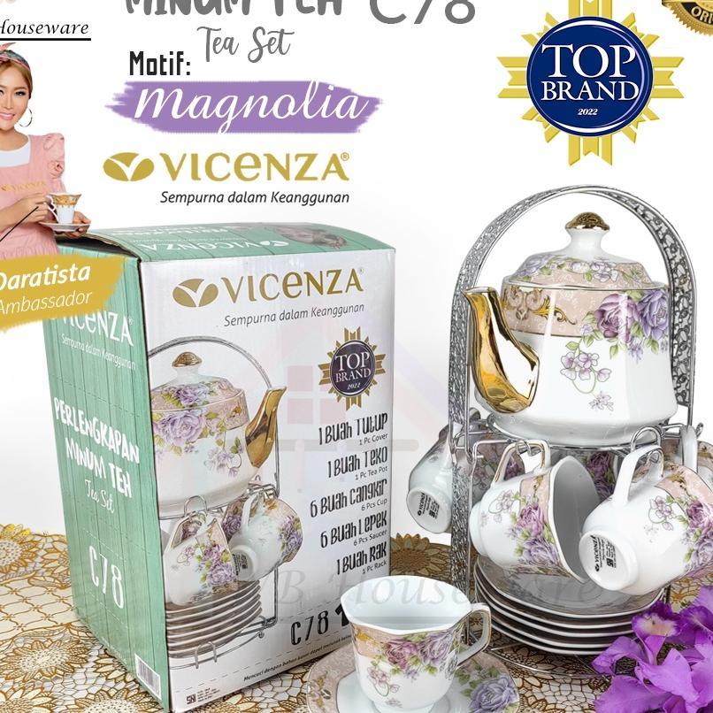 Vicenza Tea Set Ceramic Motif Magnolia C78 / Cangkit Set + Teko / Gelas Cangkir Teh Kopi + Tatakan