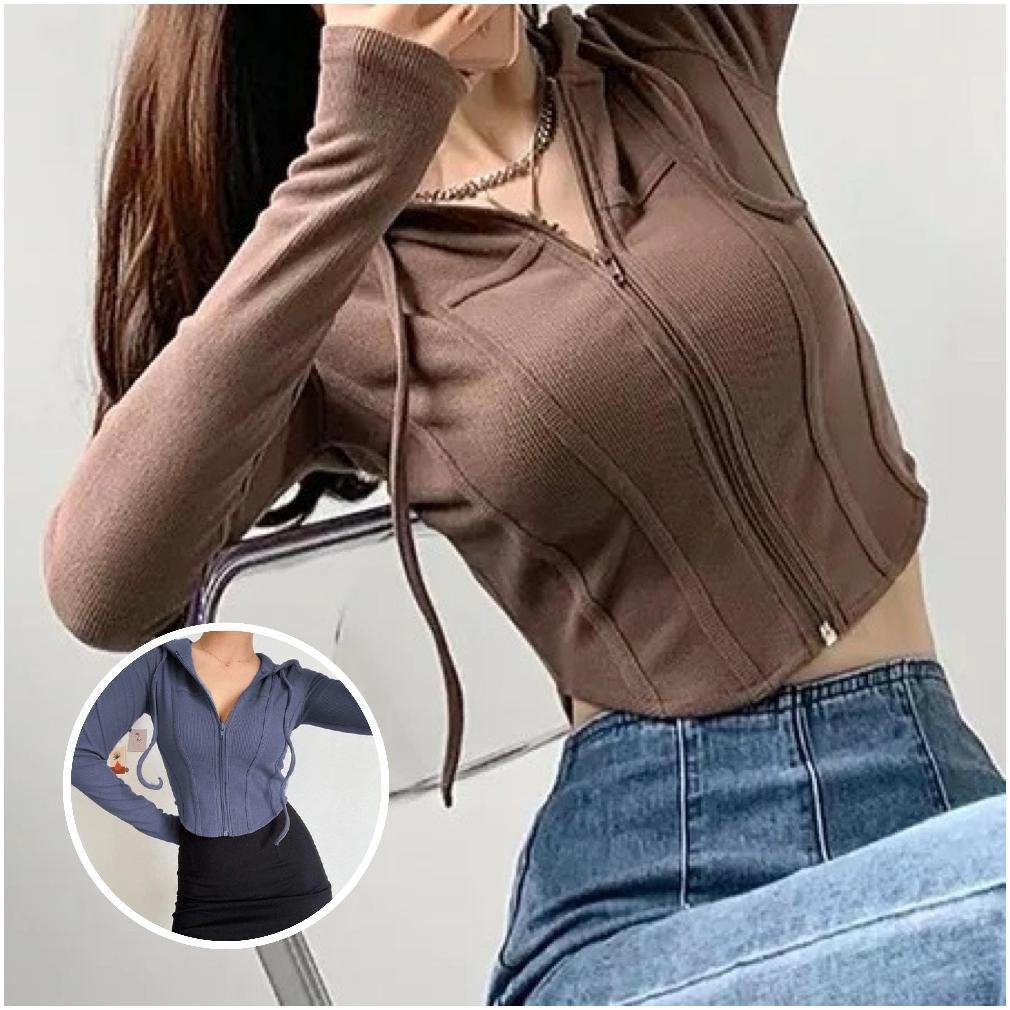 TERBARU JULYFASHION - LONG SLEEVE REINA HOODIE CROP TOP ZIPPER / JAKET ZIPPER | SWEATER CROP TOP