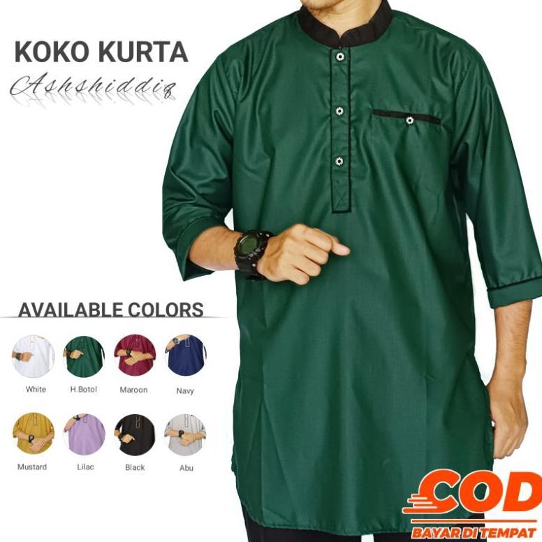 hot deals koko kurta ashshiddiq - baju koko kurta pria dewasa lengan 3/4 warna mustard putih hijau b