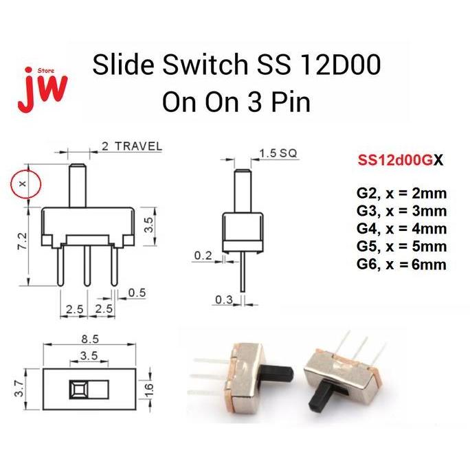 2 BUAH SS12D00 SS12D00G2 SS12D00G3 SAKLAR GESER MINI SLIDE SWITCH ON OFF 3 PIN 2 WAY SPDT JWSS27