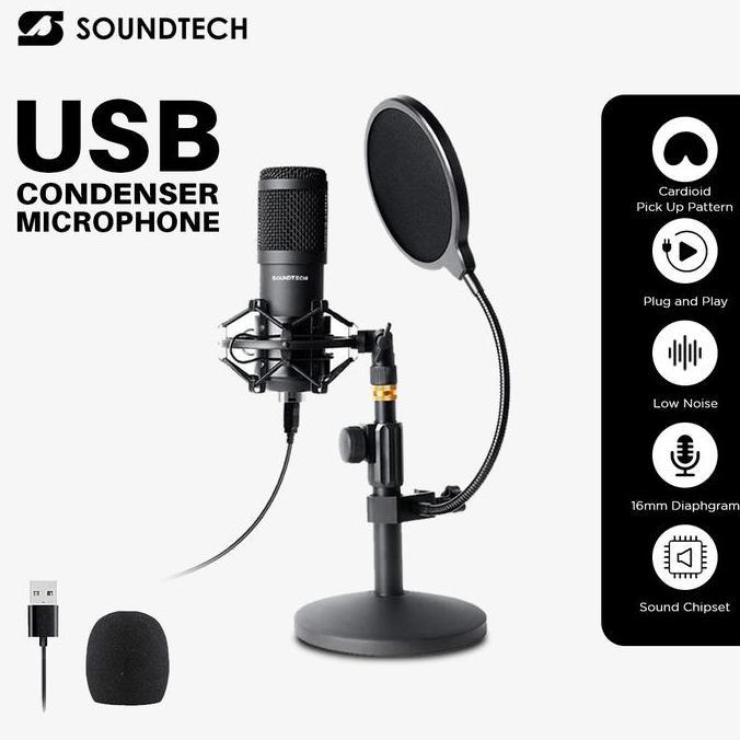 Berosa_shop - SOUNDTECH ST-800 USB Condenser Microphone 192kHz 24bit Plug & Play | Mic Podcast Strea
