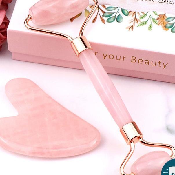 2In1Jade Roller Dan Guasha Facial Massage Roller / Batu Giok Alami Gua Sha Alat Pijat Muka Wajah