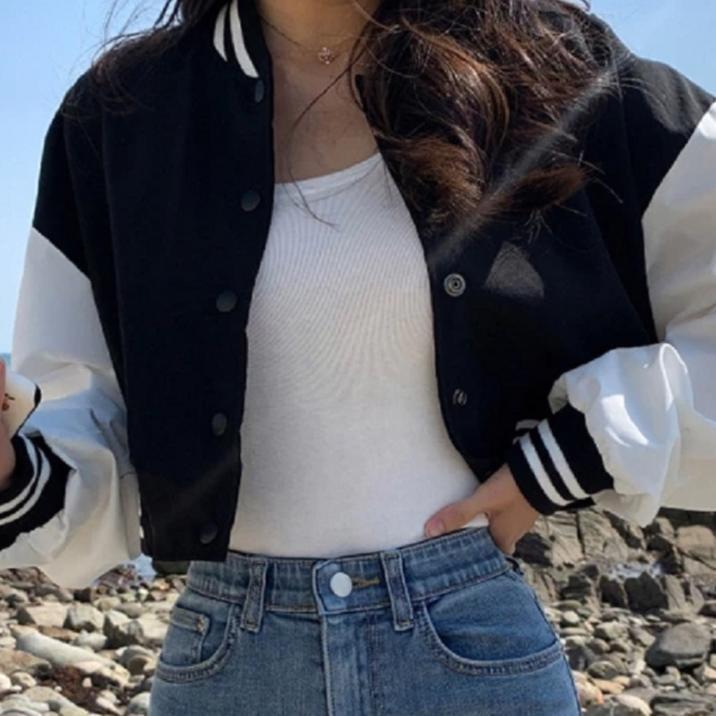 new jacket crop baseball wanita | korean style varsity cropped | atasan wanita | jacket crop wanita