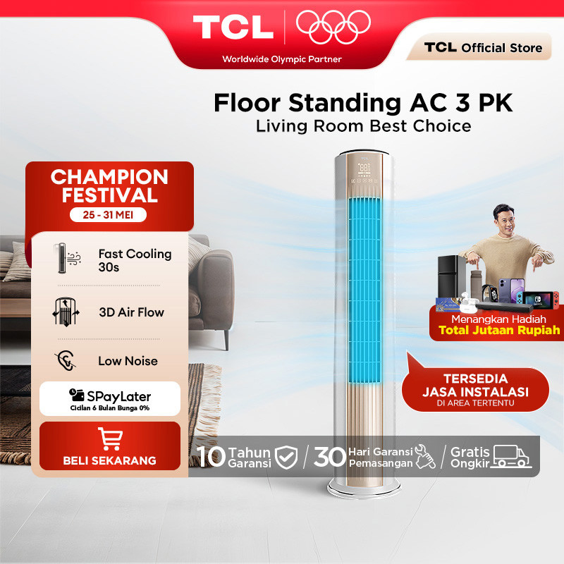 TCL AC Floor Standing 3 PK Cepat Dingin - 3D Air Flow - Suara Senyap - I Feel - Unique Grill Design 