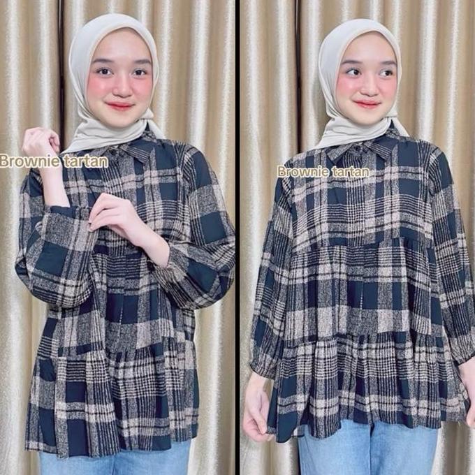 Girly- Harvia Kemeja Rayon Twill Slim-Fitting Bunga Setrip Kotak Motif Nita Katun Nyaman Lingkar Dad