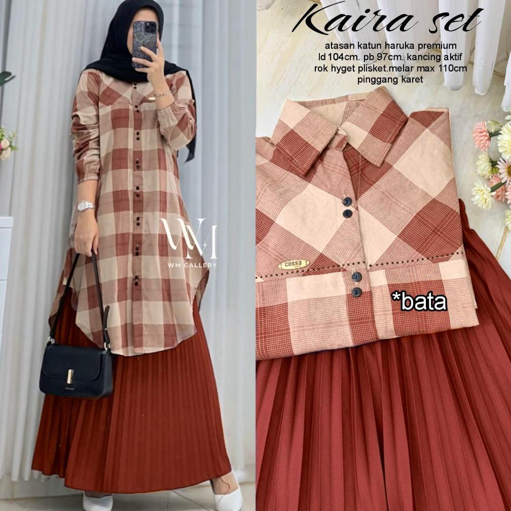 new arrival setelan tunik rok plisket kaira set bahan katun haruka mix plisket ld 107cm pj rok 90cm 