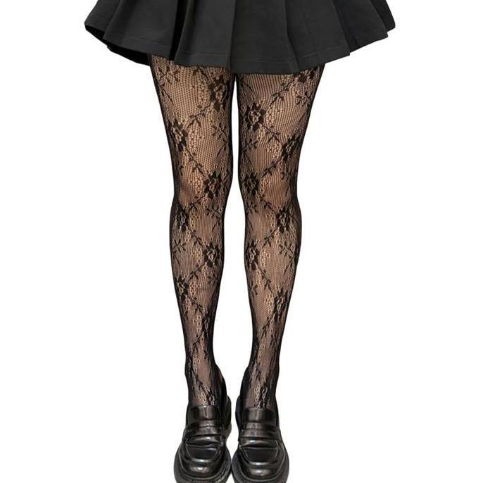 CIEN Stocking Putih Lace Stocking Motif Bunga Stocking Renda Stocking Bunga Warna Putih Dan Hitam Co
