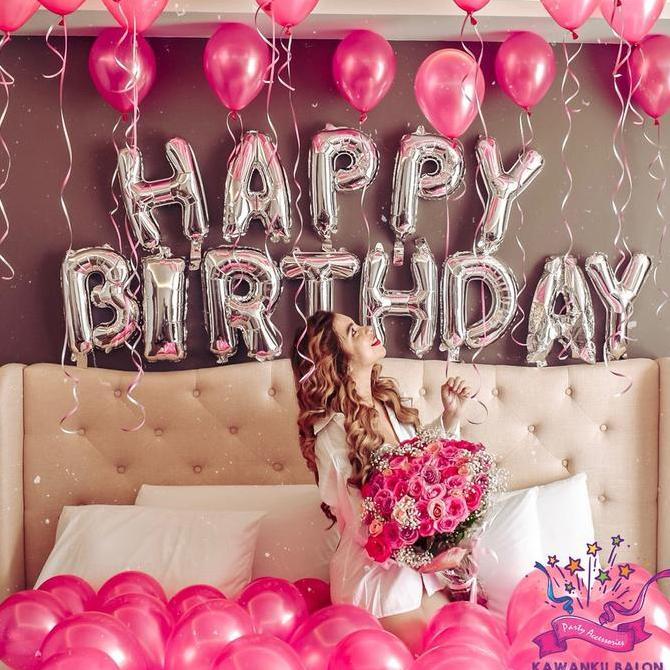 HAPPY BIRTHDAY DEKORASI PINK METALIK/PAKET ULTAH DEWASA/ANAK CEWE new