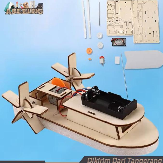 JHONXIE Mainan Kapal Rakit Diy Kapal Dayung Dinamo Bertenaga Baterai Rakit Perahu Kayu Elektrik Main