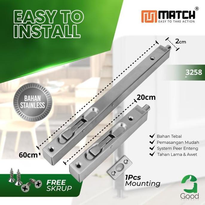 LEONHART Grendel Tanam Stainless 24 Inch 60cm Slot Tanam Panjang Tebal Set Atas Bawah Pengunci Pintu
