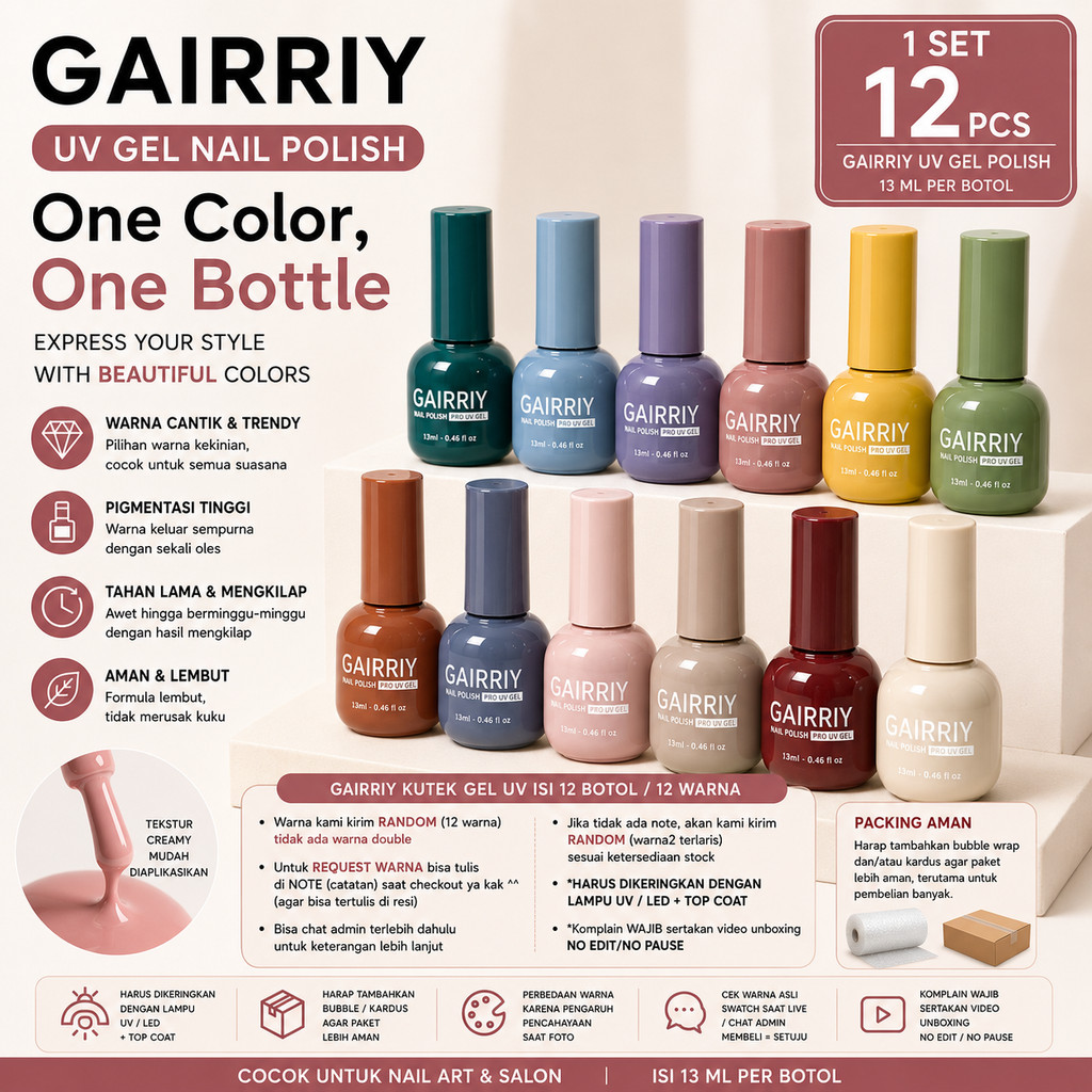 JellyGlam - [12 PCS] Gairriy UV Gel Nail Polish 13ML – 1 Set Kutek Gel Bisa Pilih Warna