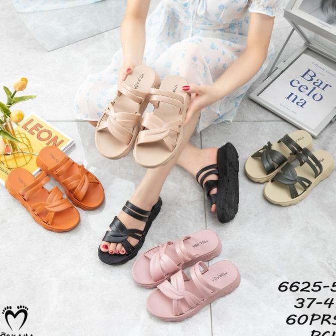 Shoes- (6625/6625-5) Sandal Slop Jelly Birken Nita Ban Ikat Silang Tali 2 Sol Tebal Empuk Keren Cant