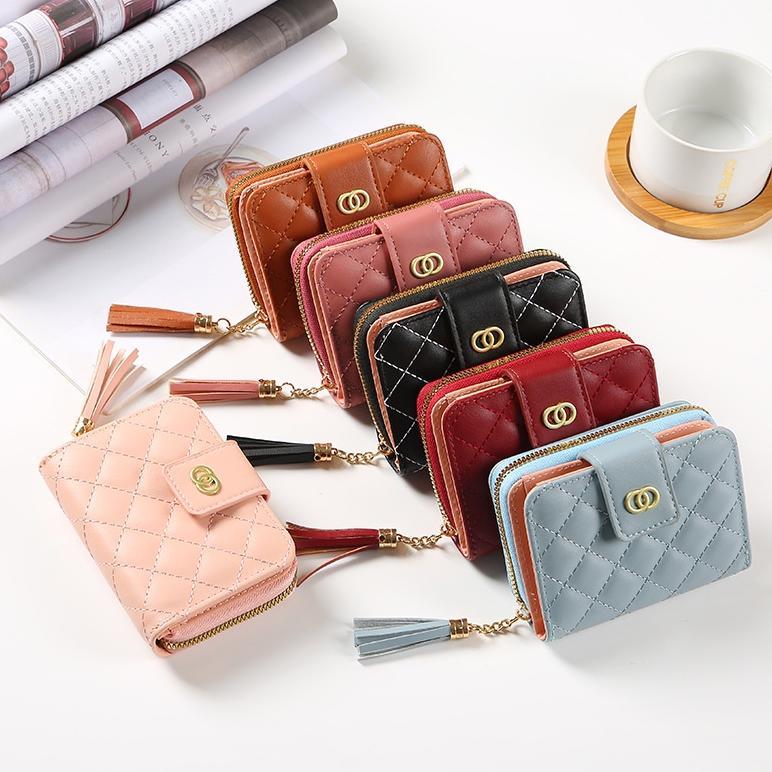 DPS829 Dompet Wanita Pendek Bersulam Berlian Cek Baru Dompet Kulit Wanita Kecil Warna Solid Berkuali