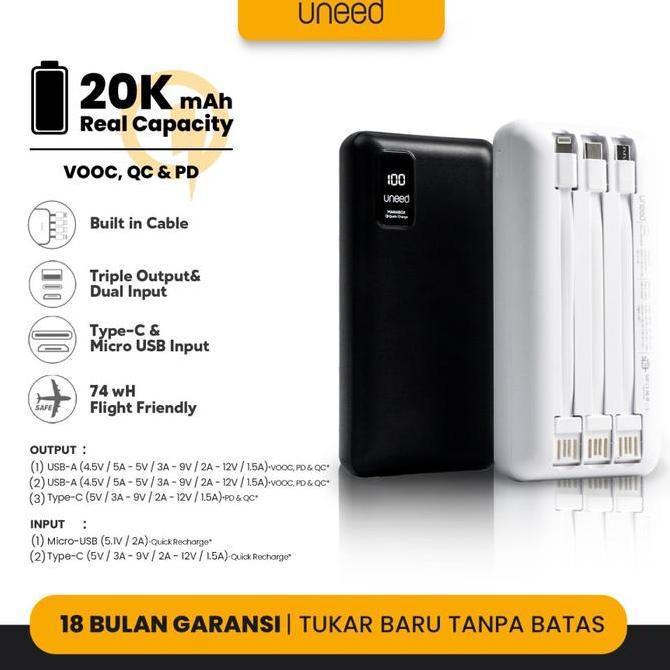 Powerbank Uneed 20000 mah Quick Charge 3.0 Built in Cable Manabox CF20 Black White