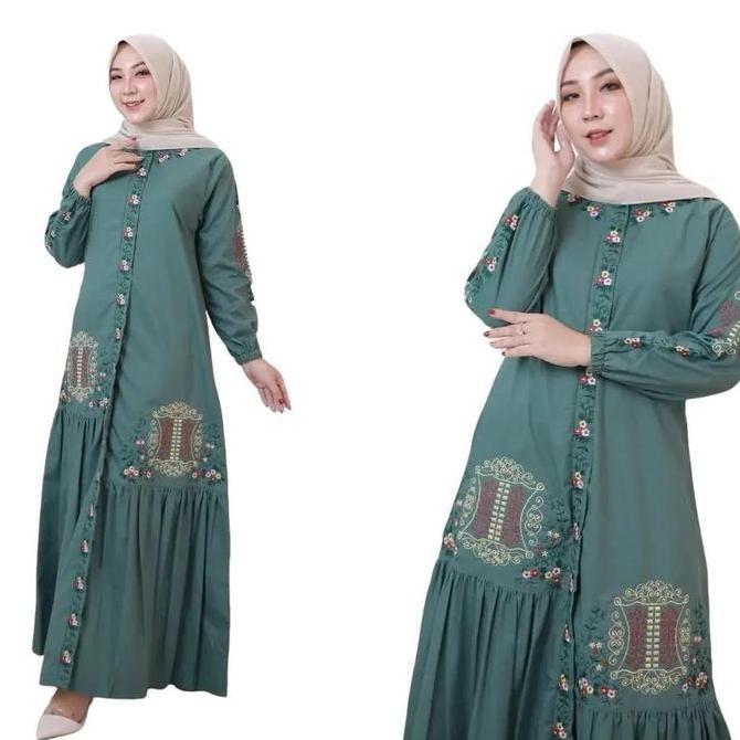 gamis bordir katun toyobo bordir fodo pintu aceh Muslim Wanita Baju Dewasa Panjang Dress Katun Polos