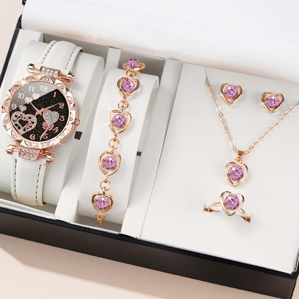5Pcs Jam Tangan Kuarsa Wanita Berlian Dial Cinta Tali Kulit Jam Tangan Fashion Set Perhiasan Gratis 