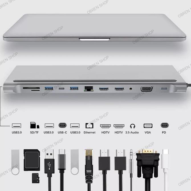 TYPE C STATION 12 IN 1 USB HUB, CARD READER, LAN, HDMI, VGA, PD, AUX
