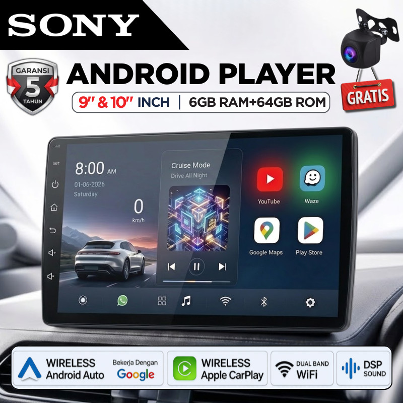 [COD+Garansi]Head Unit SONY Android 14 9/10 INCH 6GB+64GB Tape Mobil Double Din FHD Free Kamera Mund