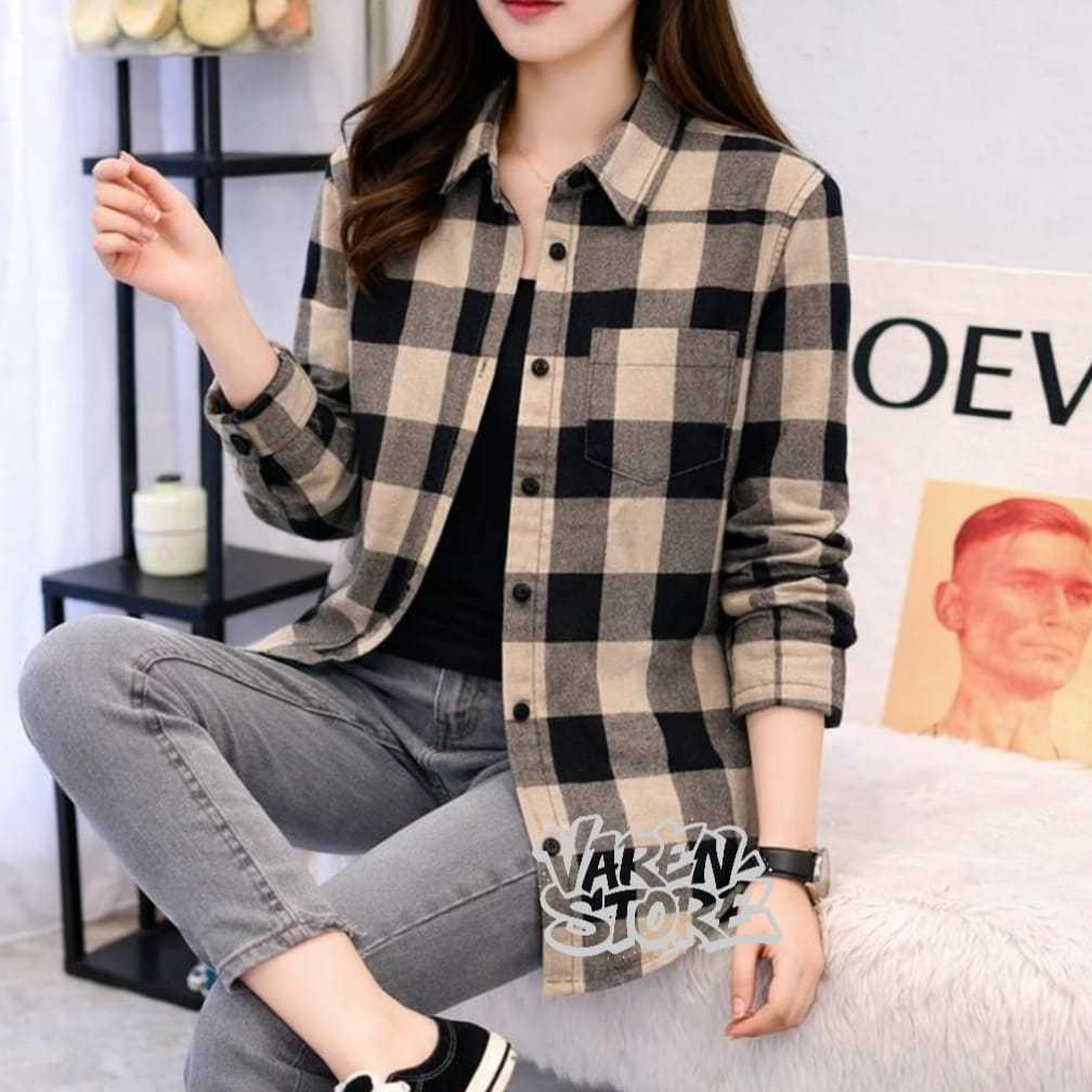 hot kemeja flannel cewek lengan panjang kemeja wanita kotak garis casual