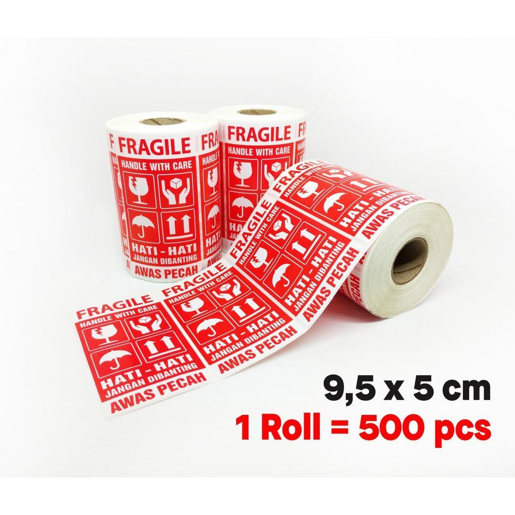Stiker Label Fragile Handle With Care Sticker Hati-Hati Awas Pecah 9.5 X 5 Cm (1 Roll/ 500 Pcs)