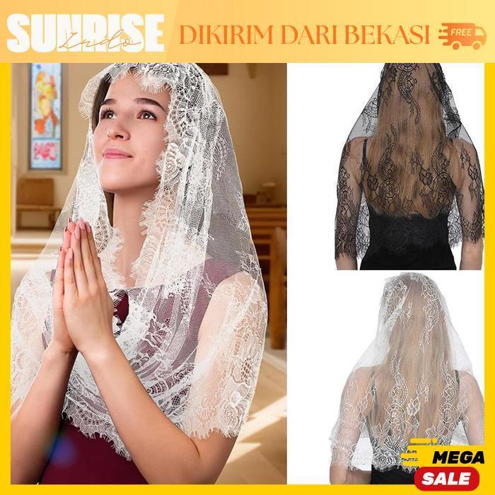Kerudung Mantilla Polkadot Hitam Putih 120x120 Elastis Polyester Tipis untuk Doa Misa Sehari-hari