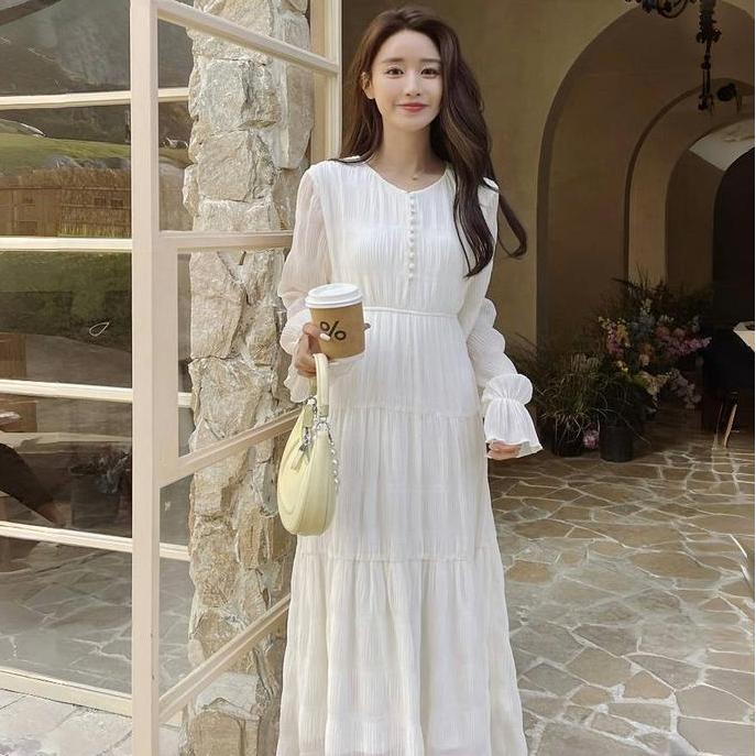 Pilihan - Dress Cream Midi Holiday Long Sleeve Chiffon Wanita Dress Casual Dress Pantai Dress Putih 