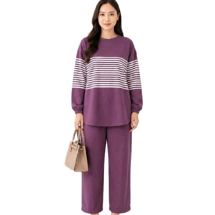 Pilihan - Ibm Setelan Wanita Salur Strip Lengan Panjang Kaos Kulit Jeruk Zenic Terbaru Ootd Oversize