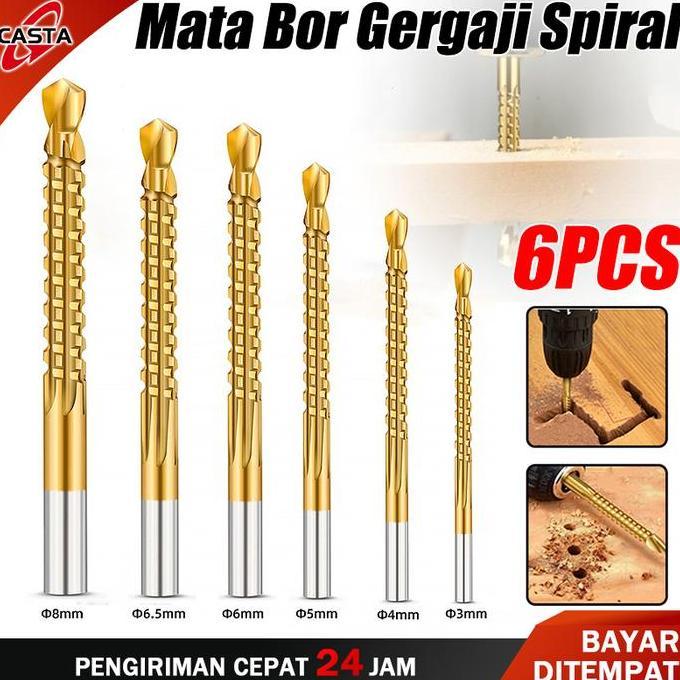 CASTA SET MATA BOR GERGAJI SPIRAL 6PCS TITANIUM HSS KOBALT, MULTI FUNGSI UNTUK KAYU, PLASTIK, ALUMIN